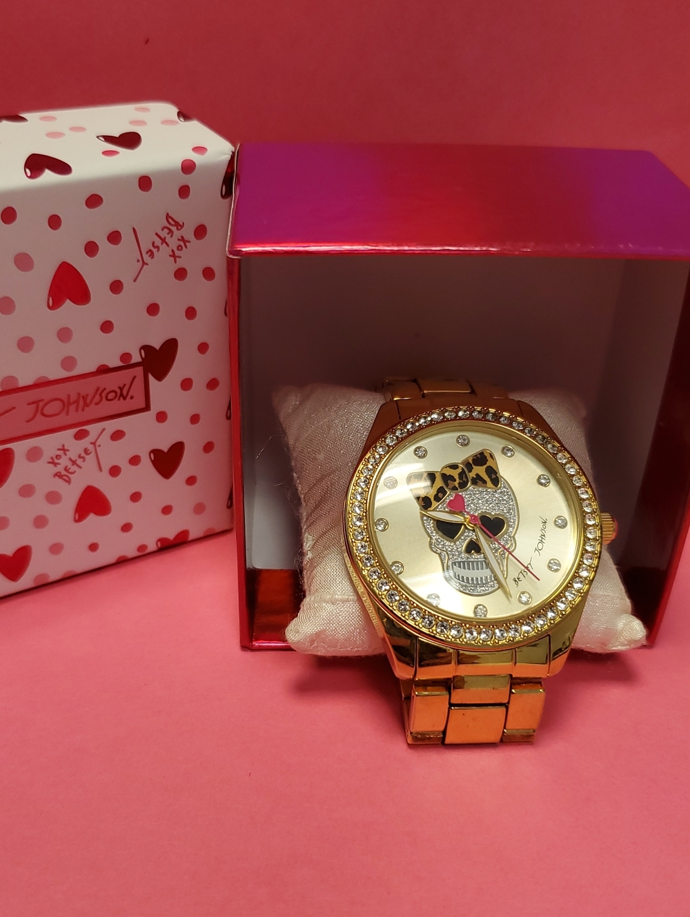 Betsey Johnson Gold-Tone Skull Dial Watch with Leopard Bow and Pink Heart